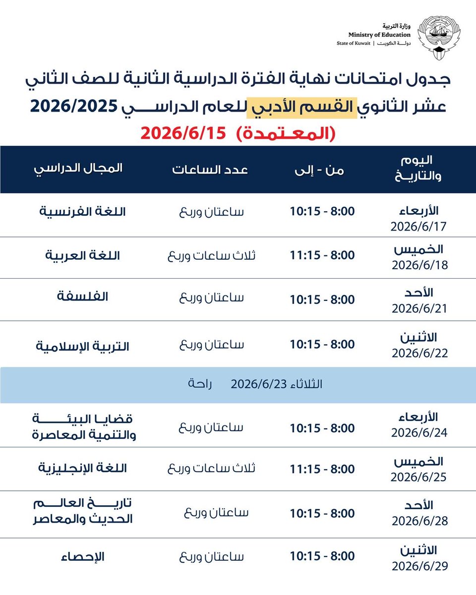 aljarida's tweet photo. #الجريدة تنشر الجداول المعتمدة لاختبارات #الثانوية_العامة التي تنطلق بعد غدٍ الأربعاء https://t.co/7I4nEIRVqc