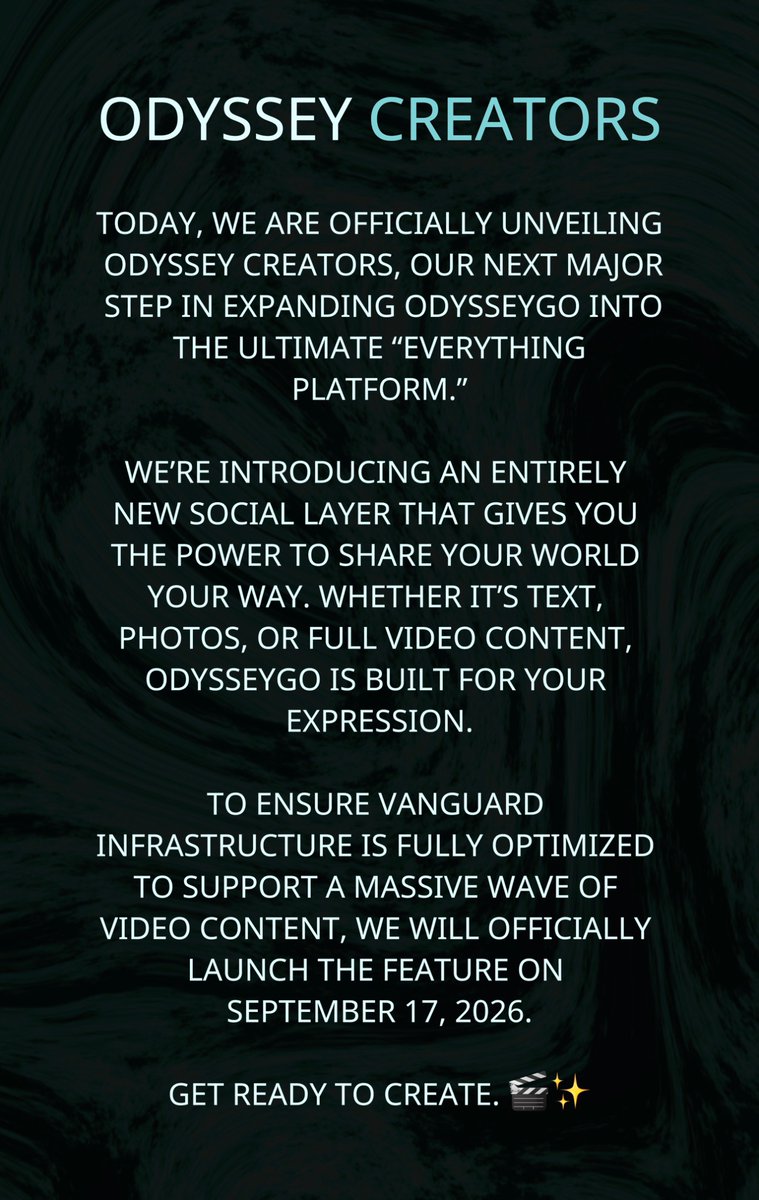 OdysseyGoX's tweet photo. Today, we are officially unveiling Odyssey Creators, our next major step in expanding OdysseyGo into the ultimate "Everything Platform." https://t.co/l9YOZZWMjI