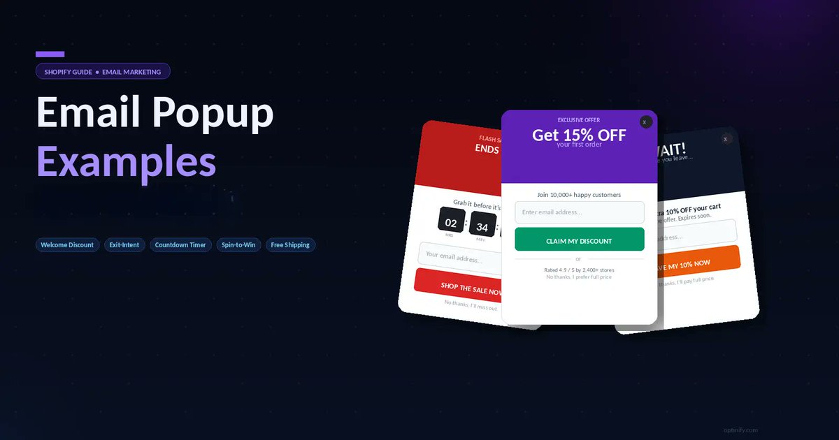 optinify_ai's tweet photo. Most Shopify stores are building their email list wrong.

Here are 15 email popup types that actually convert 🧵

1/ Welcome Discount Popup
Greet new visitors with a first-order discount. Simple, clean, effective. Still the #1 list-building tactic. https://t.co/rzPZmcsuFU