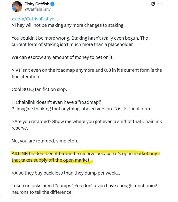 The_dude__80's tweet photo. "All LINK holders benefit from the reserve..."

Let's take a look at that investor "benefit" from the reserve: 

   -$Link price August 2025 (reserve release): $18.46

   -$Link price June 2026: $8.48

Nobody gaslights their investors harder than @Chainlink. https://t.co/qL9vNFOOni