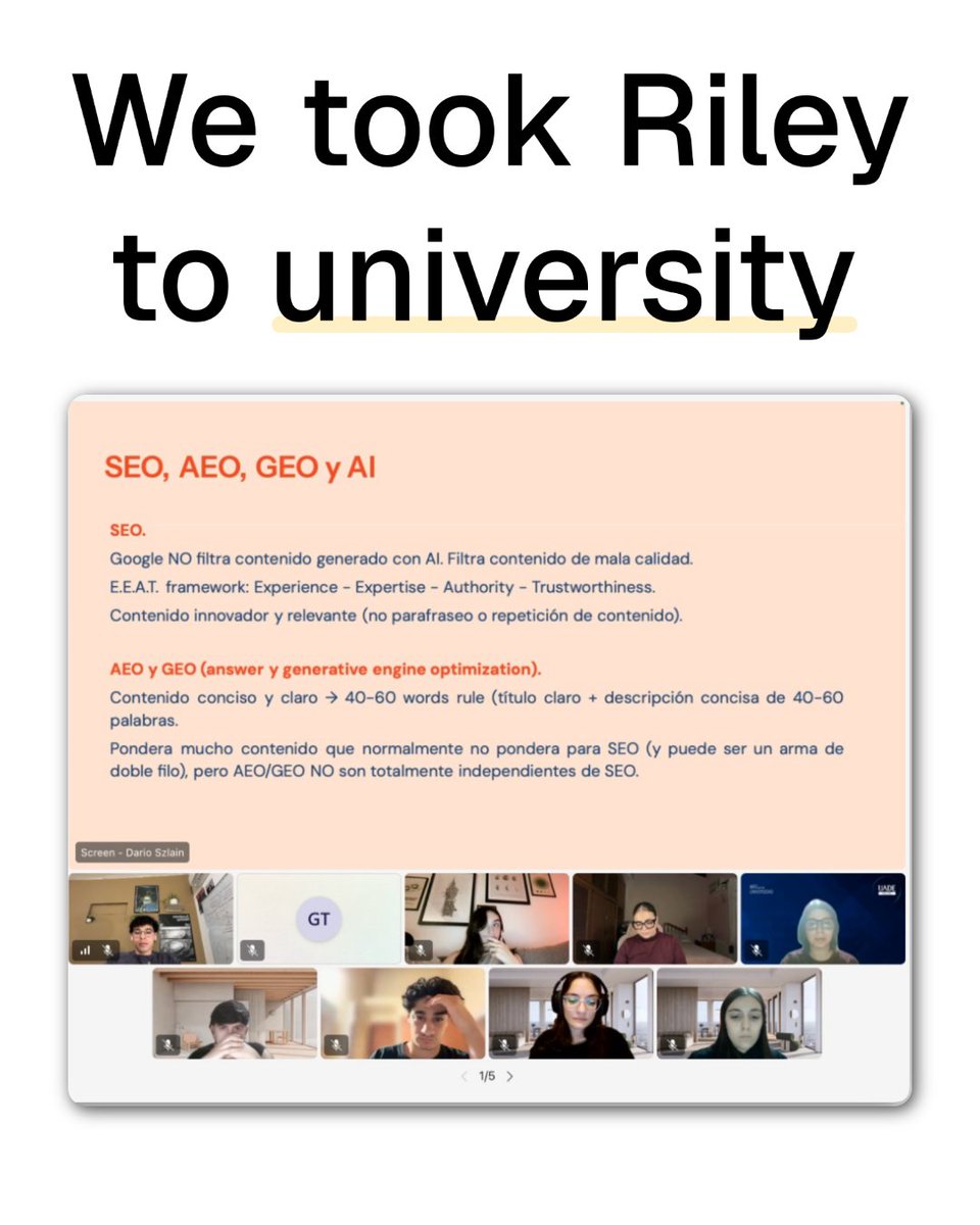 rileywrites_ai's tweet photo. We took Riley to university. 

50 students at UADE asked us: Can AI really sound like you? 

With the right context and prompt, any model can replicate your writing DNA. Riley can make robotic content sound like you.

#Copywriting #ContentCreation https://t.co/rE3tgJSZvd