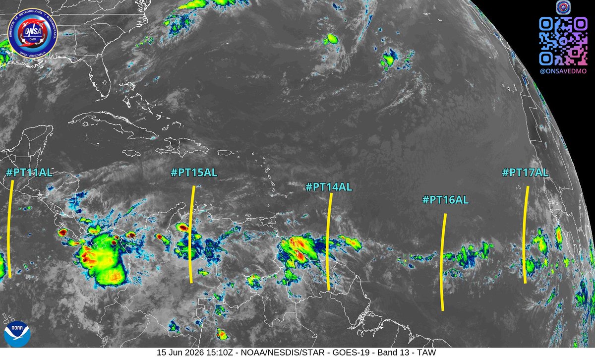 meteoccs's tweet photo. Mapa de Superficie ONSA | DMO
#PT11AL Onda Tropical sobre el Pacífico Oriental
#PT15AL Onda Tropical (Intercalada) sobre el Occidente del territorio continental
#PT14AL Onda Tropical sobre Surinam
#PT16AL Onda Tropical sobre el Atlántico
#PT17AL Nueva Onda Tropical .... https://t.co/YoboJ3iNLC