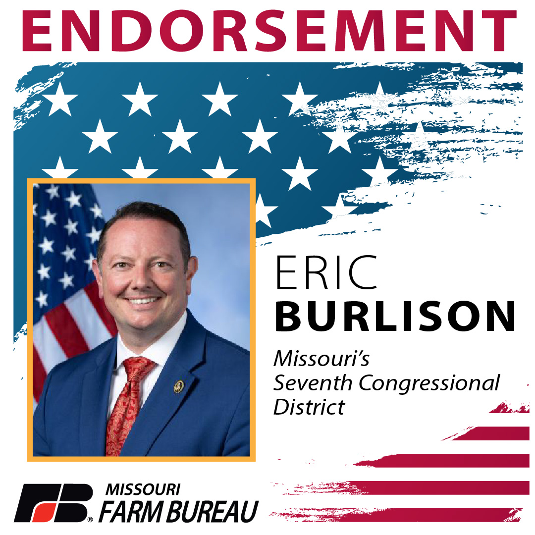 MOFarmBureau's tweet photo. The #MOFB Political Action Committee (PAC) has endorsed Eric Burlison for reelection to the U.S. House of Representatives in Missouri’s Seventh Congressional District. 

“Congressman Burlison has taken the values of southwest Missouri to Washington, D.C.,” said MOFB President Garrett Hawkins. “His advocacy is critically important to farmers, ranchers and landowners who are working to protect their property rights against growing outside pressures.”

MOFB PAC trustees are selected by their county Farm Bureau organizations.