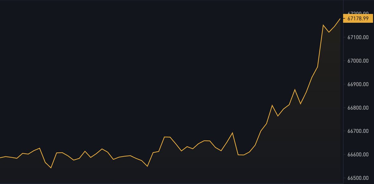 BitcoinMagazine's tweet photo. JUST IN: Bitcoin pumps to $67,178 🚀 https://t.co/GHrIyWt1sx