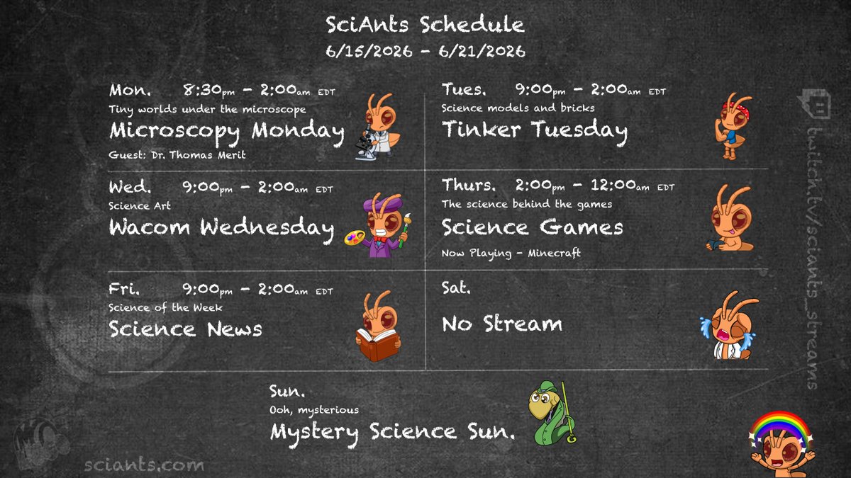SciAnts_Media's tweet photo. #SciAnts stream schedule for week is live! Science fun for our amazing community with news, art, IRL, games and more!
Week of 06/15/26
Hope to see you there
#scicomm #stem #twitchpartner #twitch #twitchambassador #live #twitchtv #sciants #Science
https://t.co/Xcafu1tGXN https://t.co/5YwrLWG1wv