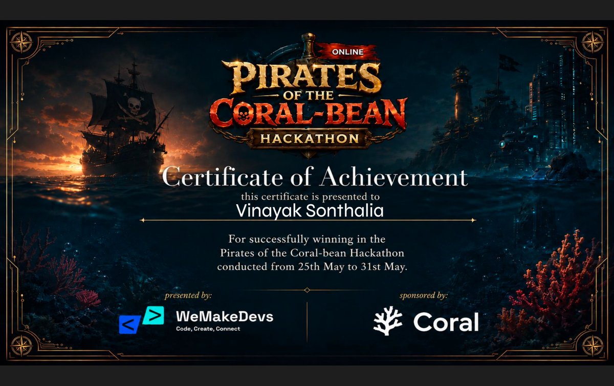 vinncodes_'s tweet photo. Coral x WeMakeDevs Hackathon!🪸

Walked away with wins across multiple categories:🥳
💸 Top 9 — Special PR Bounty ($100 cash)
🤖 Claude Max 5x gift ($100 value)
👕 Top 10 — Exclusive Coral Swag

Thank you @kunalstwt, @WeMakeDevs, and @WithCoral_com  team for making this happen!❤️ https://t.co/jQrbIywcST