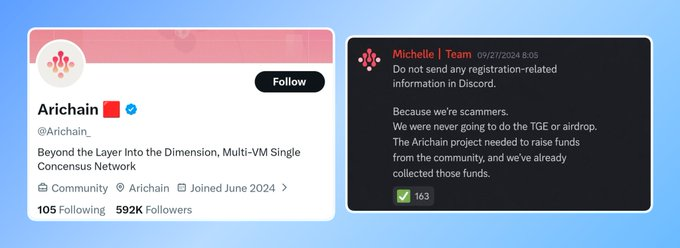 circle2104's tweet photo. Remember Arichain?

Nearly 2 years.

592K+ followers.
Millions of users.
Daily check-ins.
Referrals.
Quests.
Point farming.

And after all that?

The project shut down.

The lesson isn't about Arichain.

It's about opportunity cost.

While millions were farming points hoping for free money...

Others were learning market structure, studying narratives, analyzing on-chain data, and building real investing skills.

Free money is rarely free.

Your time is your most valuable asset.

Before farming the next "guaranteed" airdrop, ask yourself:

Is this building my future...

Or just consuming my time?

What's the longest you've ever farmed an airdrop?