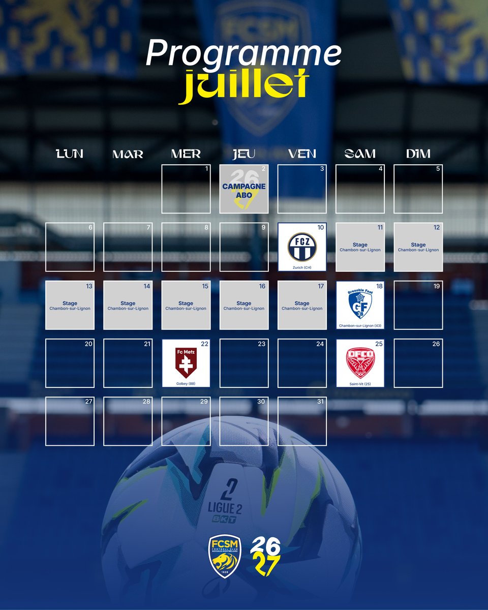 FCSM_officiel's tweet photo. 🗓️☀️ Votre 𝒑𝒓𝒐𝒈𝒓𝒂𝒎𝒎𝒆 𝒅𝒆 𝒍'𝒆́𝒕𝒆́ avec le FCSM 👀⛱️

🔙 Lundi 29 juin : Reprise de l'entraînement 
🚌 Du 11 au 18 juillet : Stage au Chambon-sur-Lignon 
⚽️ 5 matches de préparation

🏟️ Fan Day le samedi 1er août à 18h au Stade Bonal 🆚 @AJA https://t.co/5kQRGjH0nm