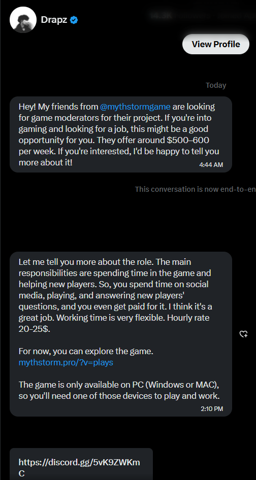 cersho_'s tweet photo. @MythstormVerse @playRIFTSTORM @DrapzDZN DM'ed me about it as a job offer as a game moderator, which is weird but anyway I don't know If he's the one behind it or he's just hacked. https://t.co/073A0sTqI8