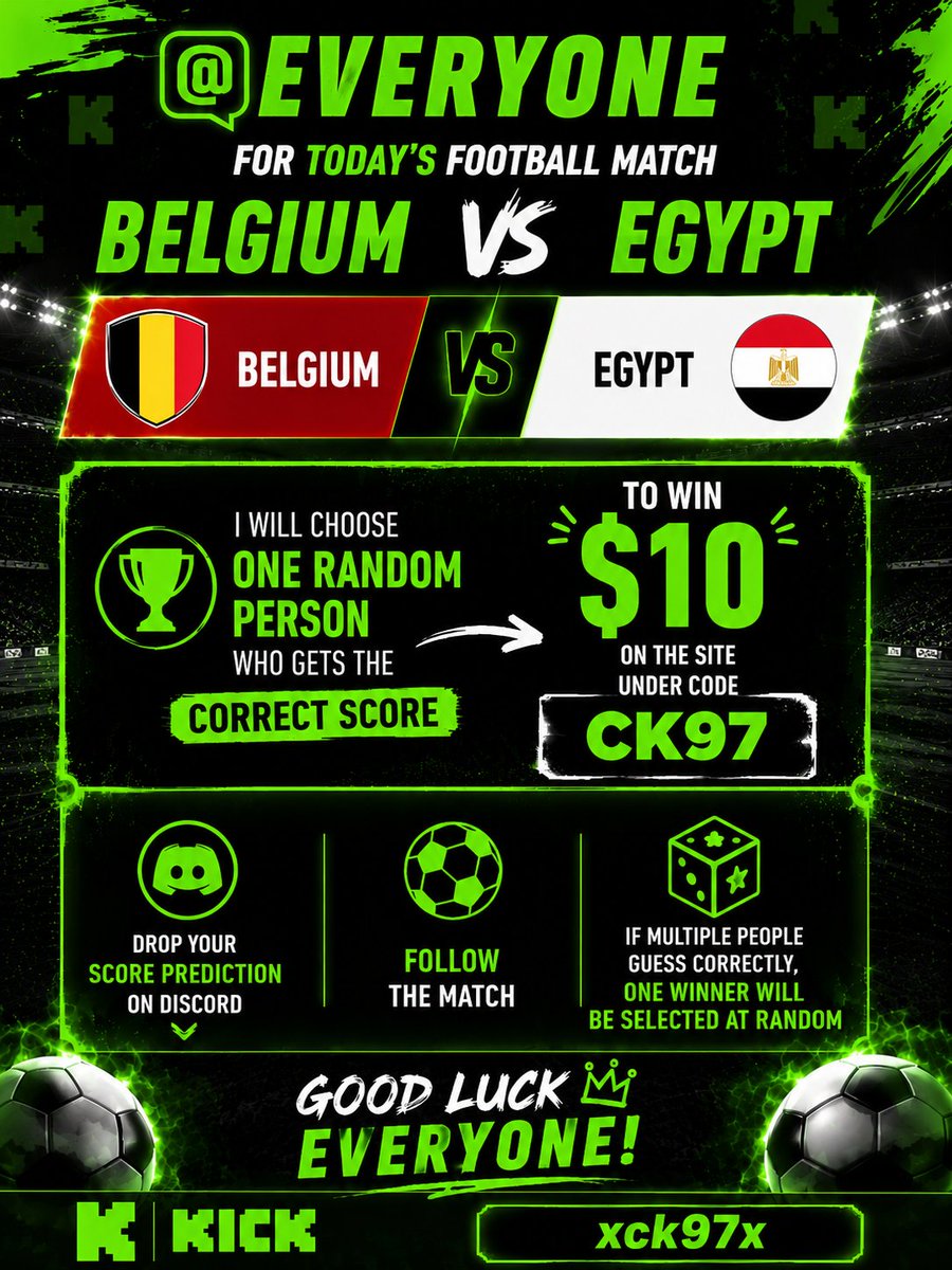 CK97off's tweet photo. ⚽ Belgium 🇧🇪 vs Egypt 
💰 $10 for one random person who predicts the correct score!
👇 Drop your score prediction on our Discord 

https://t.co/euzJMPk3MG

#WorldCup2026 #Belgium #Egypt  #Soccer #Giveaway #SportsBetting #CK97 https://t.co/U49QtUTRpt