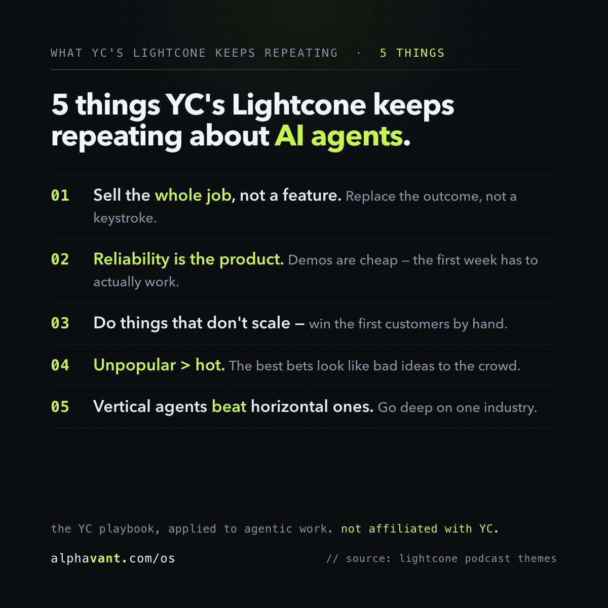 lkstimm's tweet photo. 5 things YC's Lightcone keeps repeating about AI agents 🧵

(the ones that actually change how you build)

Sell the whole job. Reliability IS the product. Do things that don't scale. Unpopular beats hot. Go vertical. The whole agentic playbook in one card. (Our read of the Lightc https://t.co/kU9k7VtKmy
