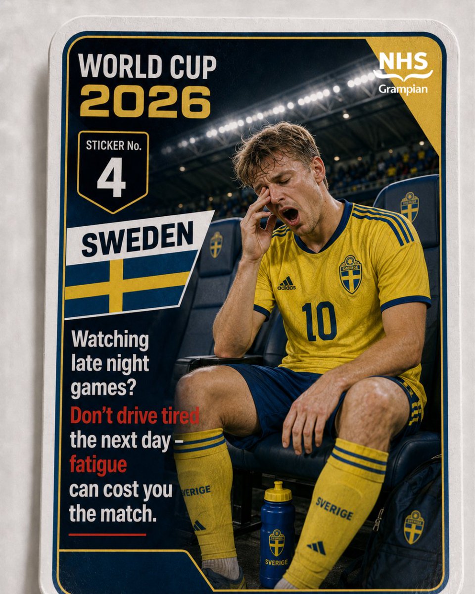 NHSGrampian's tweet photo. โฝ Sticker 4/12 โฝ
Late-night games? Donโt let tiredness cost you the match.
๐ด Tired? Donโt drive โ it slows reactions & puts lives at risk.
๐ Plan ahead. Rest up. Travel safe.
12 tips. One game plan. Collect them all.
#StayMatchFit #WorldCup #TeamGrampian #ProudToBeNHSG https://t.co/JyGTokcyTx