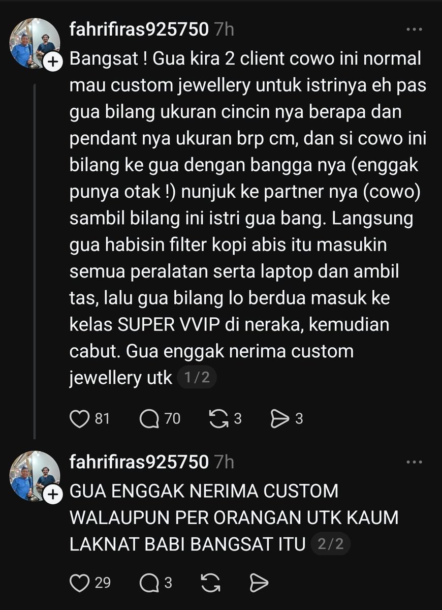 RioRichocho's tweet photo. Di Thread ada abang-abang jeweler crashing out gara-gara dapet orderan dari pasangan gay.

Beneran yang crashing out ampe yapping di Thread ngata-ngatain LGBT. 

Kok bisa ampe segitunya ya. Mau ngetawain juga he seems genuinely distressed. Ampe nolak orderan juga https://t.co/IUgpjmHZhB