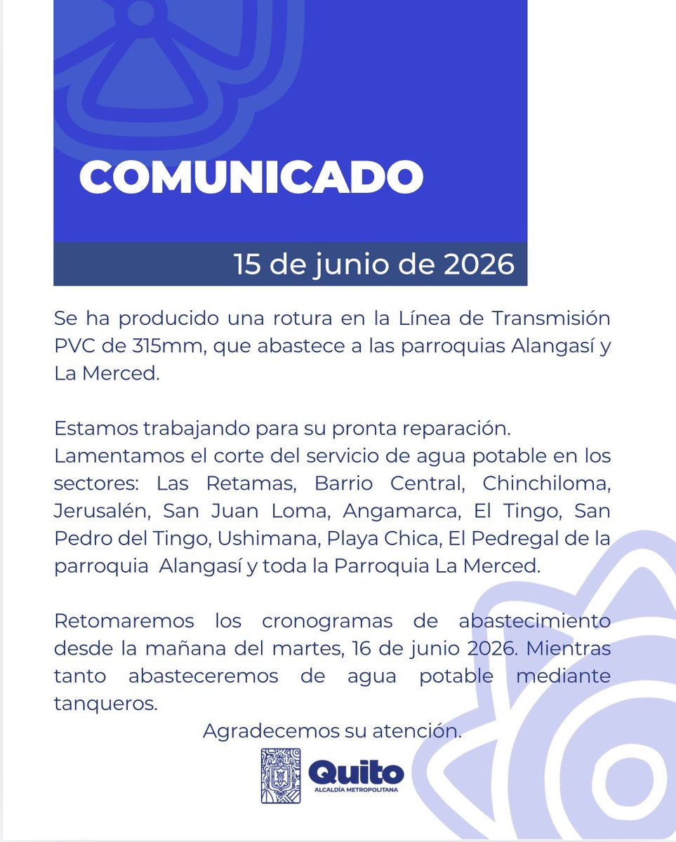 AguaInfoUIO's tweet photo. 📄 #Comunicado | Suspensión temporal de agua potable. https://t.co/IBg8T1mGLC