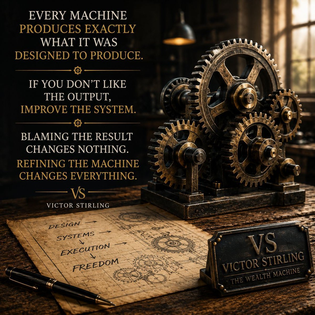 VictorStirlingX's tweet photo. Every machine produces exactly what it was designed to produce.
If you don't like the output, improve the system.
Blaming the result changes nothing.
Refining the machine changes everything.
Victor https://t.co/H4lBiNladN
#TheWealthMachine #Systems #Execution #Freedom#Legacy https://t.co/OJA6yaG2Xi