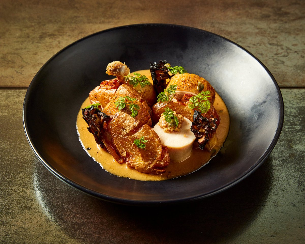thefranklinroom's tweet photo. At The Franklin Room, Chicken Roulade is a guest favorite for good reason 😍 Fire grilled maitake, fingerling potato, pickled mustard seeds, charred pearl onion, lemon, caper, soy butter, and chervil make every bite unforgettable. #TheFranklinRoom #ChickenRoulade https://t.co/4Hhyrc01Ij