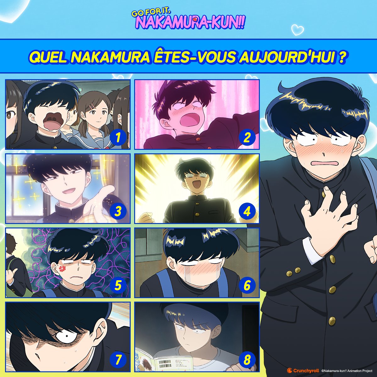 Crunchyroll_fr's tweet photo. Alors… aujourd’hui, t’es quel Nakamura ?

Dis-nous en commentaire et ne manque pas le dernier épisode de Go For It, Nakamura-kun!! demain  💕 https://t.co/phWMpYV3Lm