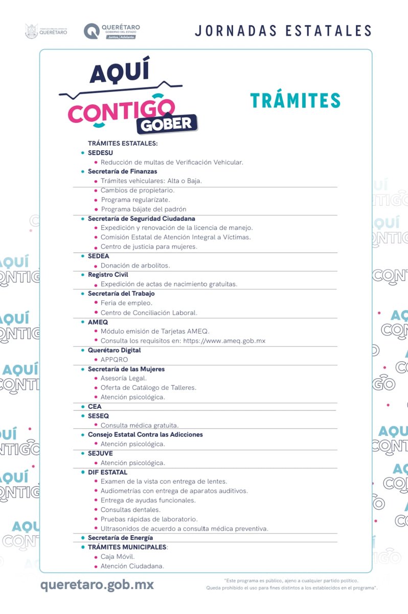 gobqro's tweet photo. La Jornada Estatal #AquíContigoGober ¡llega este miércoles a #Huimilpan! 📍

Asiste a la Unidad Deportiva Huimilpan, de las 9:30 am a 1:00 pm, y aprovecha los servicios y trámites que llevaremos más cerca de ti. 🤗

¡#Contigo construimos un gobierno cercano en #Querétaro! https://t.co/u1kwlHkM9j