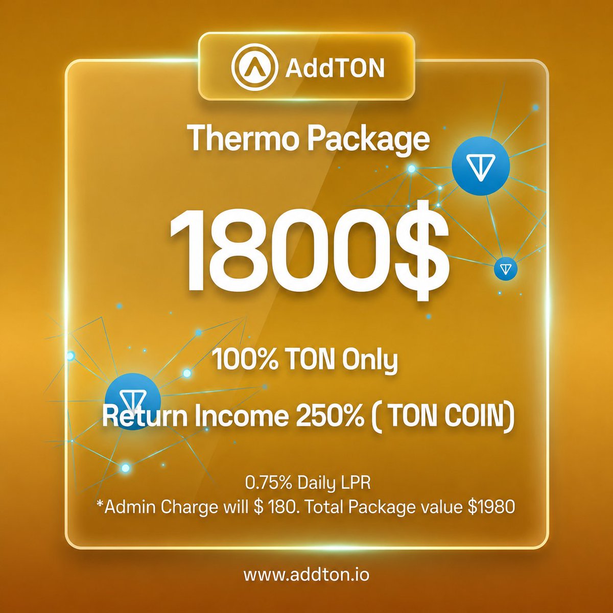 Calvin222006's tweet photo. 🚀 Ready to take your TON journey to the next level?

💎 AddTON Thermo Package
💰 $1800
📈 0.75% Daily LPR
🎯 Up to 250% Return Income
🔗 Join Now: https://t.co/uMJ1wONalc

#AddTON #TON #Crypto #PassiveIncome https://t.co/uxtliMzkI5