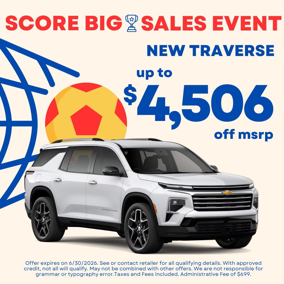 OPChevrolet's tweet photo. SCORE BIG SALES EVENT – NOW THROUGH END OF JUNE

Click here to shop for your new Chevrolet: https://t.co/JSudBNVFJ3

#McCarthyCares #ScoreBigSalesEvent #Chevrolet #ChevyDeals #KansasCityCars #Traverse #Silverado1500 #Equinox #Colorado #TruckSeason #SUVDeals #KansasCityAutoGroup https://t.co/ScO4dUnaO9