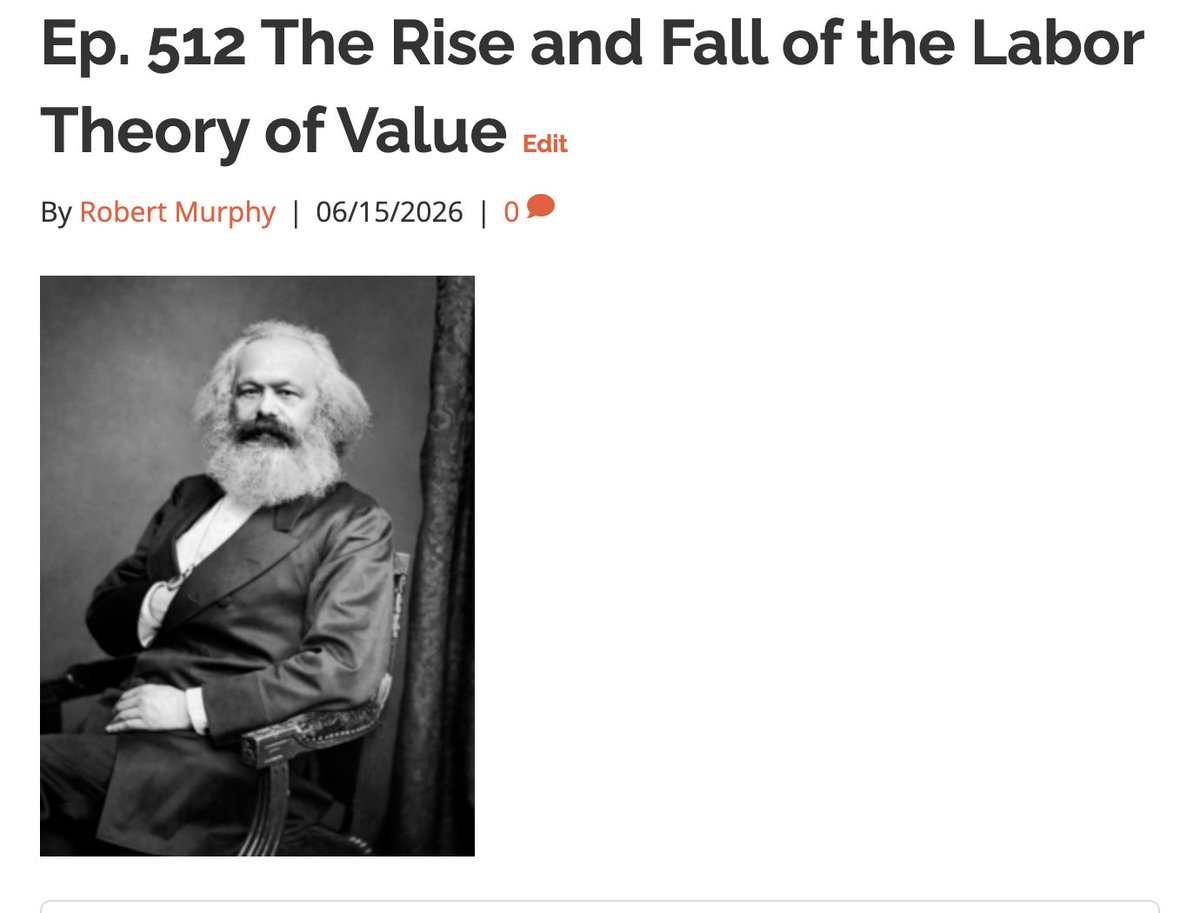 BobMurphyEcon's tweet photo. The photo is clickbait: All of the great classical economists (Smith, Ricardo, even French ones to lesser extent) held a cost/labor theory of value. I explain why it was so popular then, and why the profession abandoned it for subjective marginal utility approach. (Link next.) https://t.co/arvmoT7Vdh