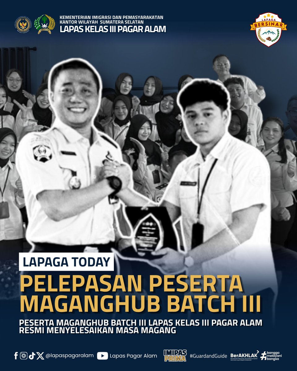 lapaspagaralam's tweet photo. Perpisahan &amp; Pelepasan Peserta Maganghub Batch III 🙌. Setelah 6 bulan menjalani masa magang, para peserta resmi menyelesaikan programnya dengan penuh kebersamaan 👥✨.

#kemenimipas
#guardandguide
#ditjenpas
#maganghub
#ditjenpassumsel
#Lapaga
#LapasPagarAlam
#LapagaBERSINAR https://t.co/SYl9uY6Kky