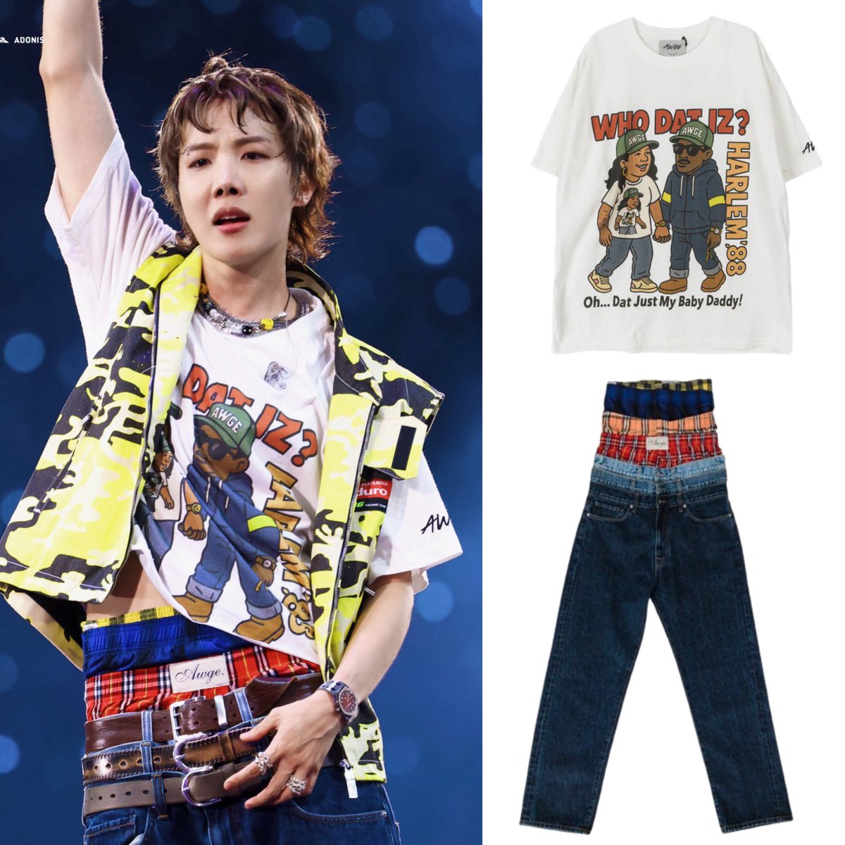 awgecentral's tweet photo. J-Hope of BTS was recently spotted wearing pieces from A$AP Rocky’s AWGE Spring/Summer 2026 “Obligatory Fashion” collection.

The look featured the Rihanna graphic shirt paired with AWGE stacked boxer denim. 🔥 https://t.co/ksXyXhk7gV