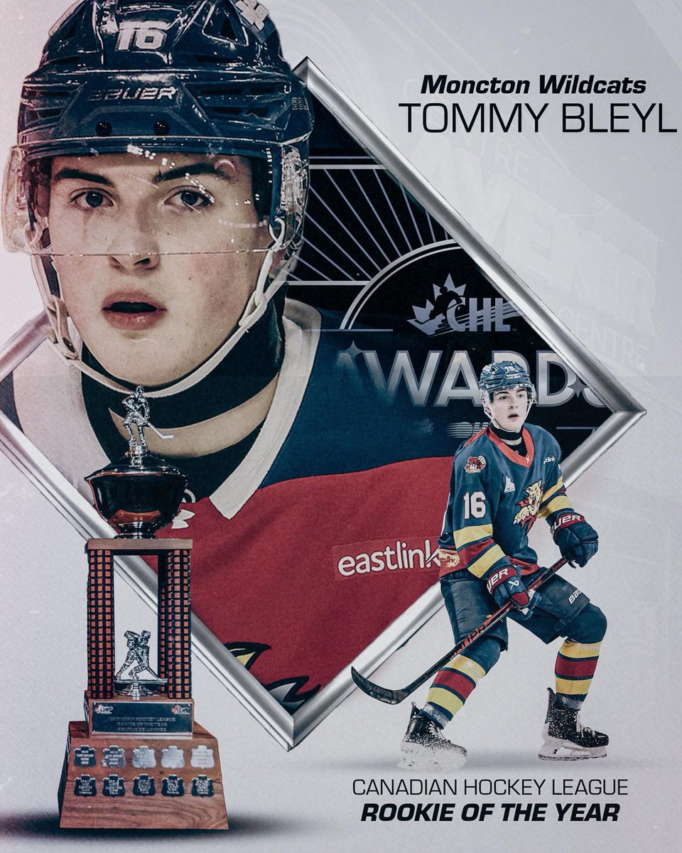 MonctonWildcast's tweet photo. The 2025/2026 @CHLHockey Rookie Of the Year is Tommy Bleyl of the @monctonwildcats!
Only the 6th American and 4th Defenceman to win this award.
not bad for a free agent
#DefendTheDen #QMJHL #CHLAwards https://t.co/2ewHJaMWOw