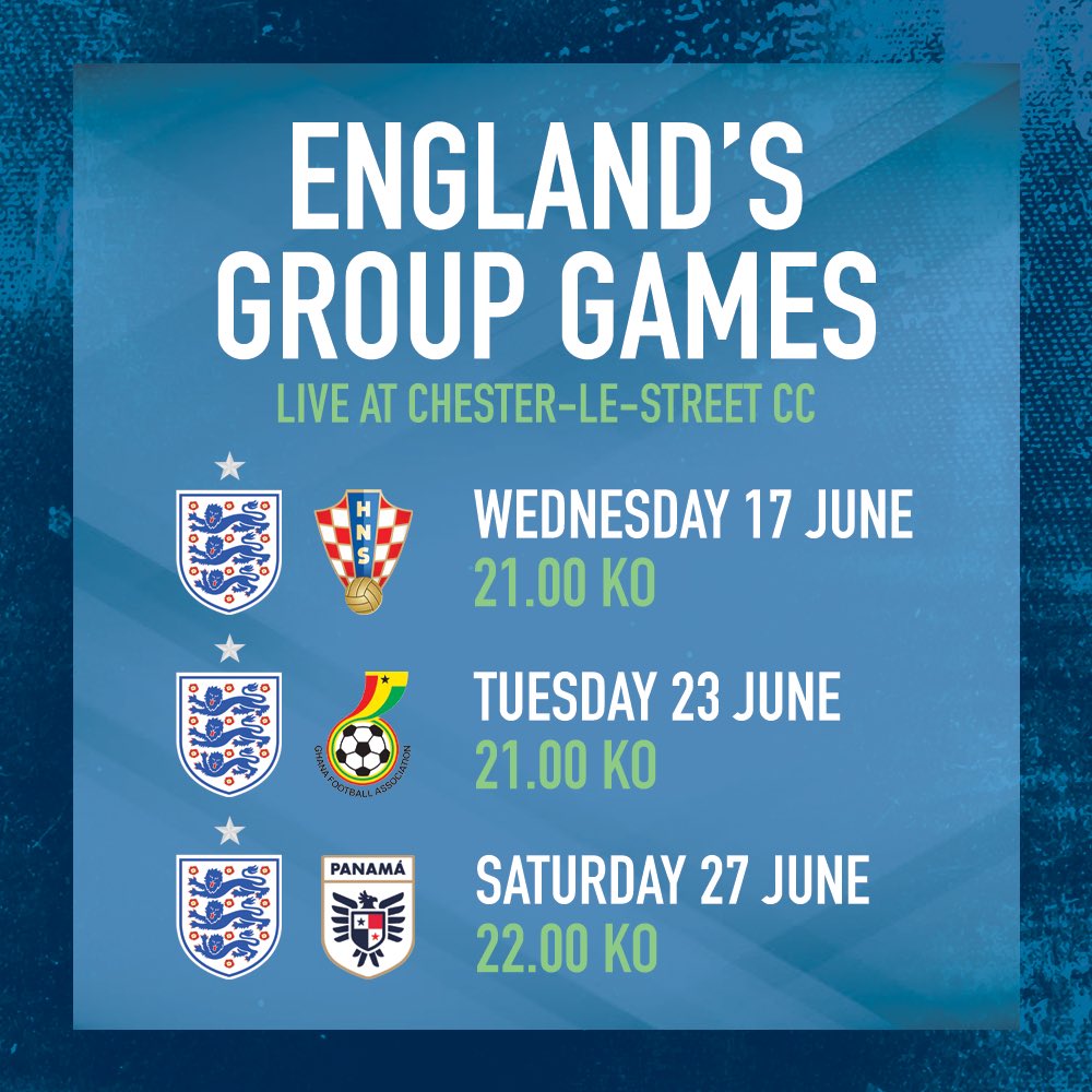 clscricketclub's tweet photo. 🏴󠁧󠁢󠁥󠁮󠁧󠁿 England Group Games LIVE at Chester-le-Street CC! 🍻📺

🦁 17 June: v Croatia (9pm)
🦁 23 June: v Ghana (9pm)
🦁 27 June: v Panama (10pm)

Watch every game live on the big screen and TVs around the club. Grab a drink, bring your mates and cheer on England! ⚽🍺 https://t.co/6cDQWme4JX