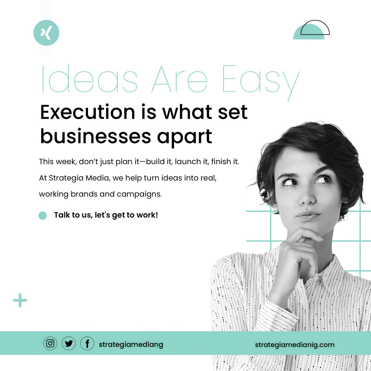 strategiamedng's tweet photo. Monday Motivation | Execute
Ideas are easy. Execution is what sets businesses apart.
This week, don’t just plan it—build it, launch it, finish it.
At Strategia Media, we help turn ideas into real, working brands and campaigns.
Let’s get to work.
#MondayMotivation #StrategiaMedia https://t.co/9iYPhxtMfq