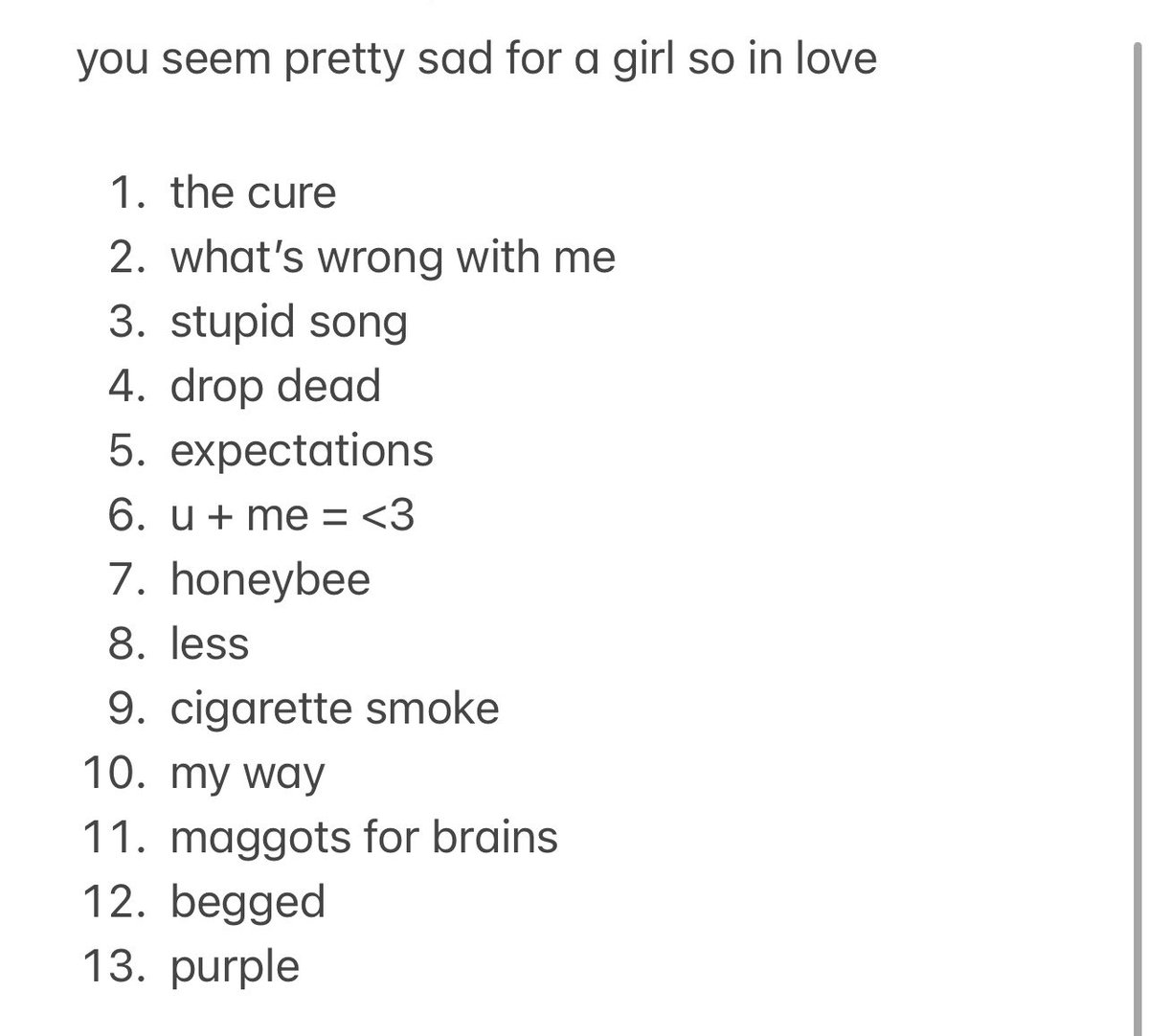 90severmore's tweet photo. a little late to the party but this is my ranking of ‘you seem pretty sad for a girl so in love’ !!! https://t.co/5WcFQIi715