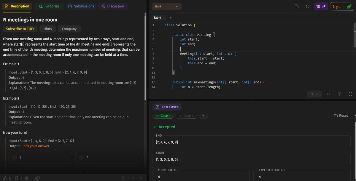 Adiyatakhell's tweet photo. Day 15 #SDESheetChallenge

Solved:
• N Meetings in One Room
• Minimum Platforms Required
• Job Sequencing Problem
• Fractional Knapsack

Learned:
• Greedy Choice Strategy
• Interval Scheduling
• Profit Maximization
• Value/Weight Optimization
#DSA #GreedyAlgorithms #Java https://t.co/bvUxf8OUjj
