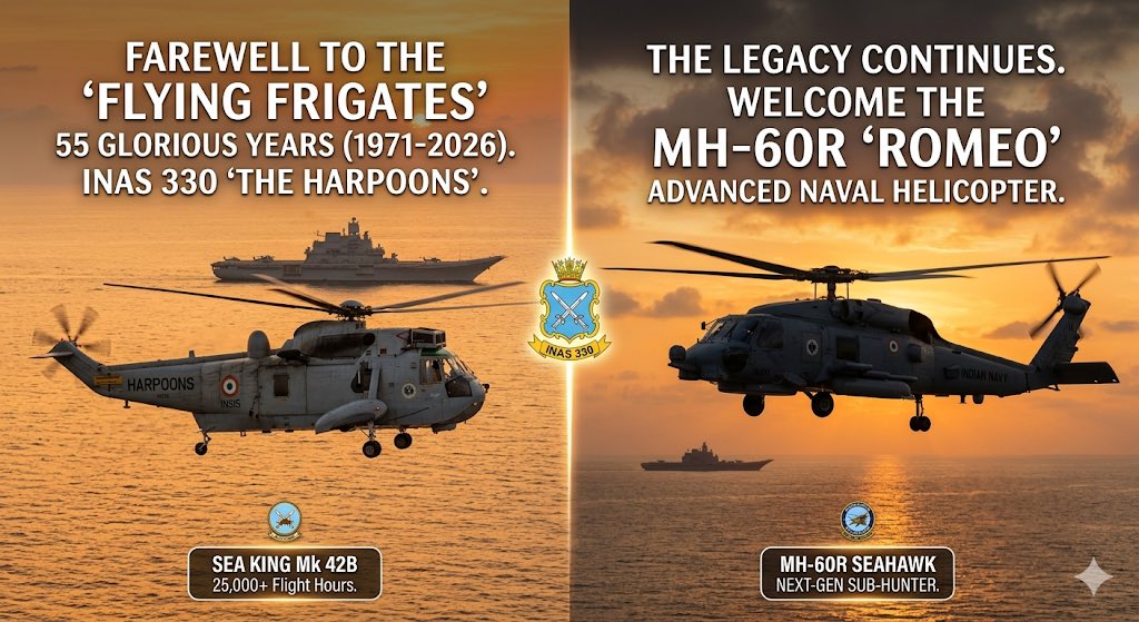 DefenseNewsIN's tweet photo. While the Sea Kings retire, the watch continues.
The multi-role MH-60R Seahawk "Romeo" helicopters are stepping up as the Navy's next-gen sub-hunters and fleet guardians, carrying the Harpoons' fierce spirit into a new era of maritime dominance. 🌊🛡️
#IndianNavy #INAS330 #MH60R #NavalAviation