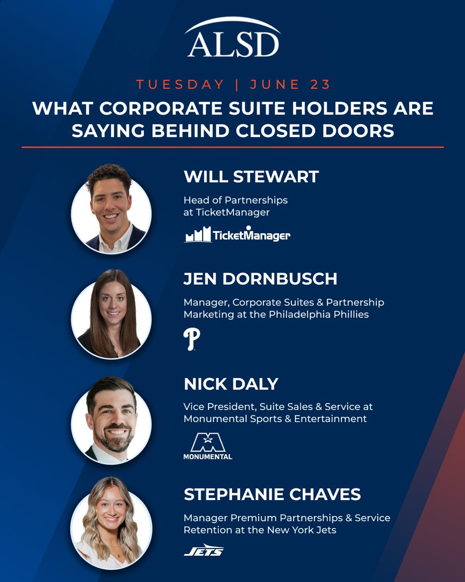 TicketManager's tweet photo. One week until ALSD, and this is one panel premium teams should have on their schedule.
TicketManager’s Will Stewart joins Jen Dornbusch, Stephanie Chaves, and Nick Daly for What Corporate Suite Holders Are Saying Behind Closed Doors.
6/23 | 11:20 AM–12 PM
#TicketManager #ALSD https://t.co/yJcDfmCvGY