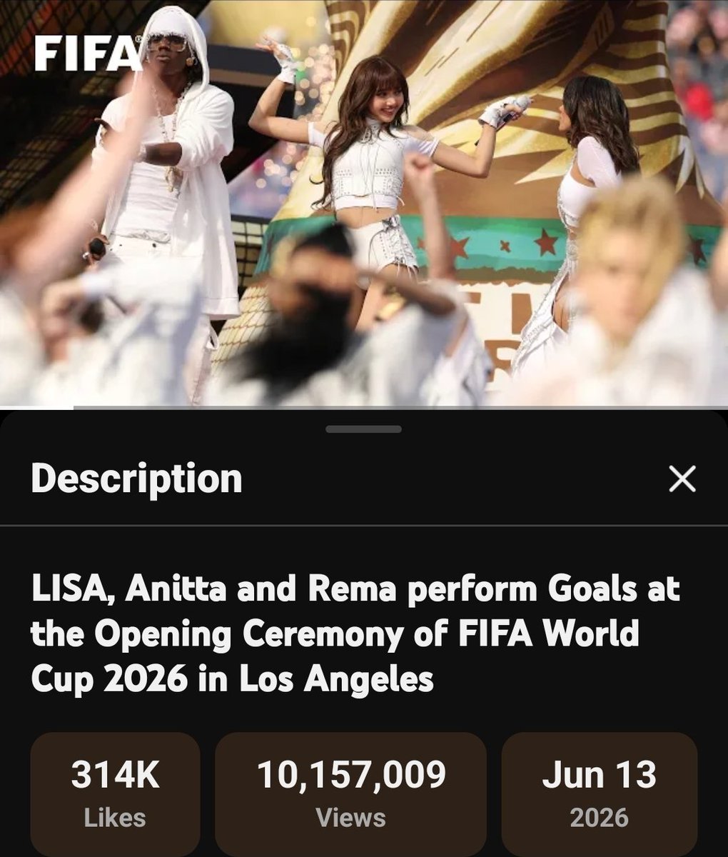 LALISASCRAVE's tweet photo. 🚨#Lisa, Rema and Anitta performance at the World Cup opening ceremony surpassed 10 million views on YouTube in just two days.✰. 

#LISAxGOALS
#LISAxFIFAWorldCup #LISAxGOALSxFIFA https://t.co/lBzeB7ZVIq