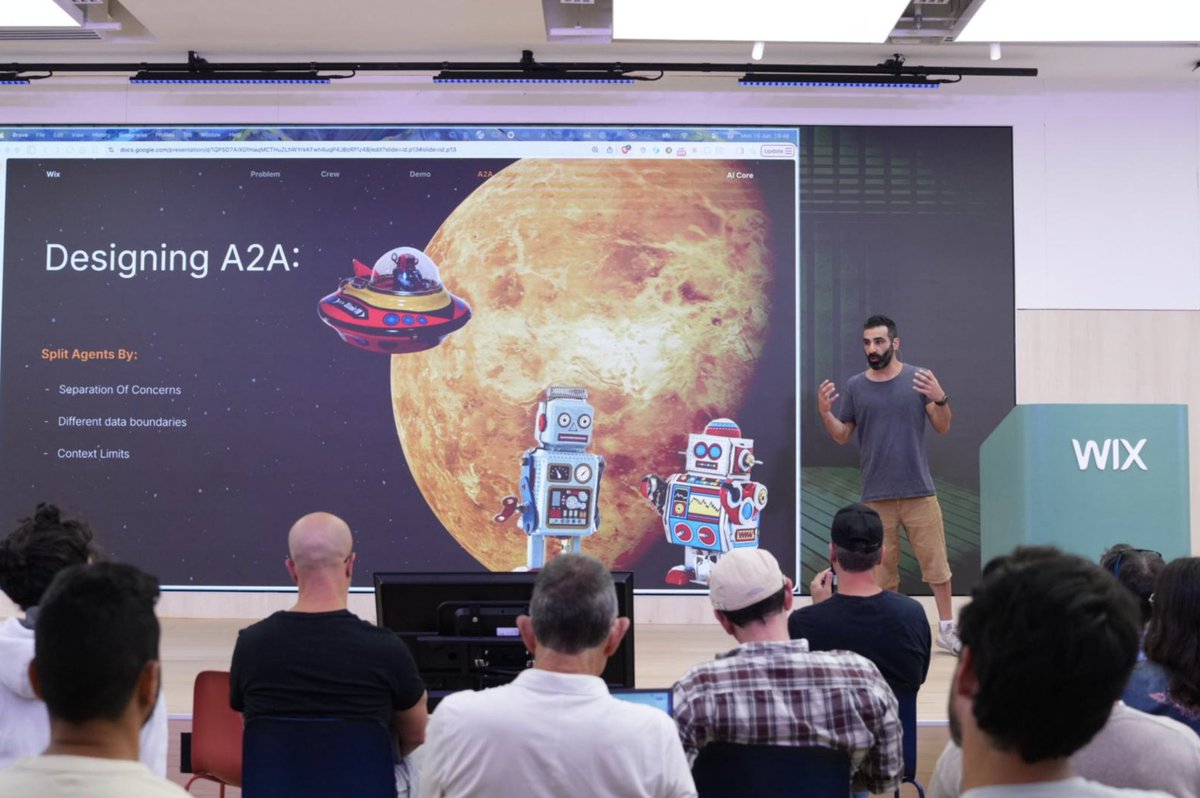 WixEng's tweet photo. 🔥 Right now at the @Wix Campus - Dror Arazi and Or Goldreich are taking the audience deep into the next chapter of AI-native engineering:

✅ Multi-agent systems that negotiate and solve problems together

✅ AI evaluation at scale: skills, MCPs, sub-agents, rules & assertions

✅ Measuring reliability and decision-making in production

✅ And the shift from workflows to AI teammates!

The full sessions will be shared soon! 🚀