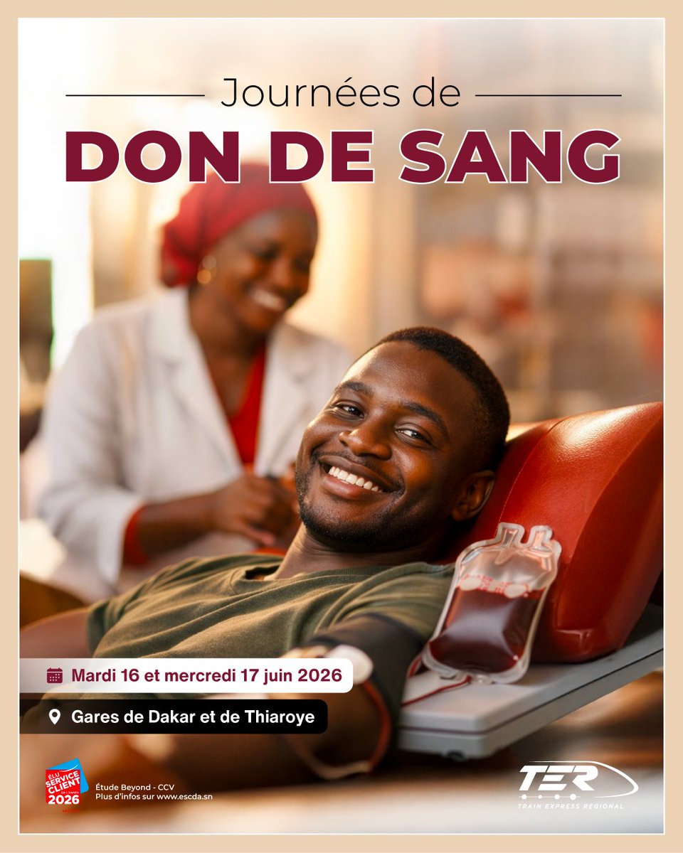 Ter_dakar's tweet photo. Dans le cadre du partenariat entre la SETER et la CNTS, nous vous donnons rendez-vous les 16 et 17 juin 2026 à partir de 09h à la gare de Dakar et de Thiaroye pour un don de sang. 🩸

Venez nombreux et sauvons des vies !

#SETER #TER #CNTS #DonDeSang https://t.co/sfdANrFaj2