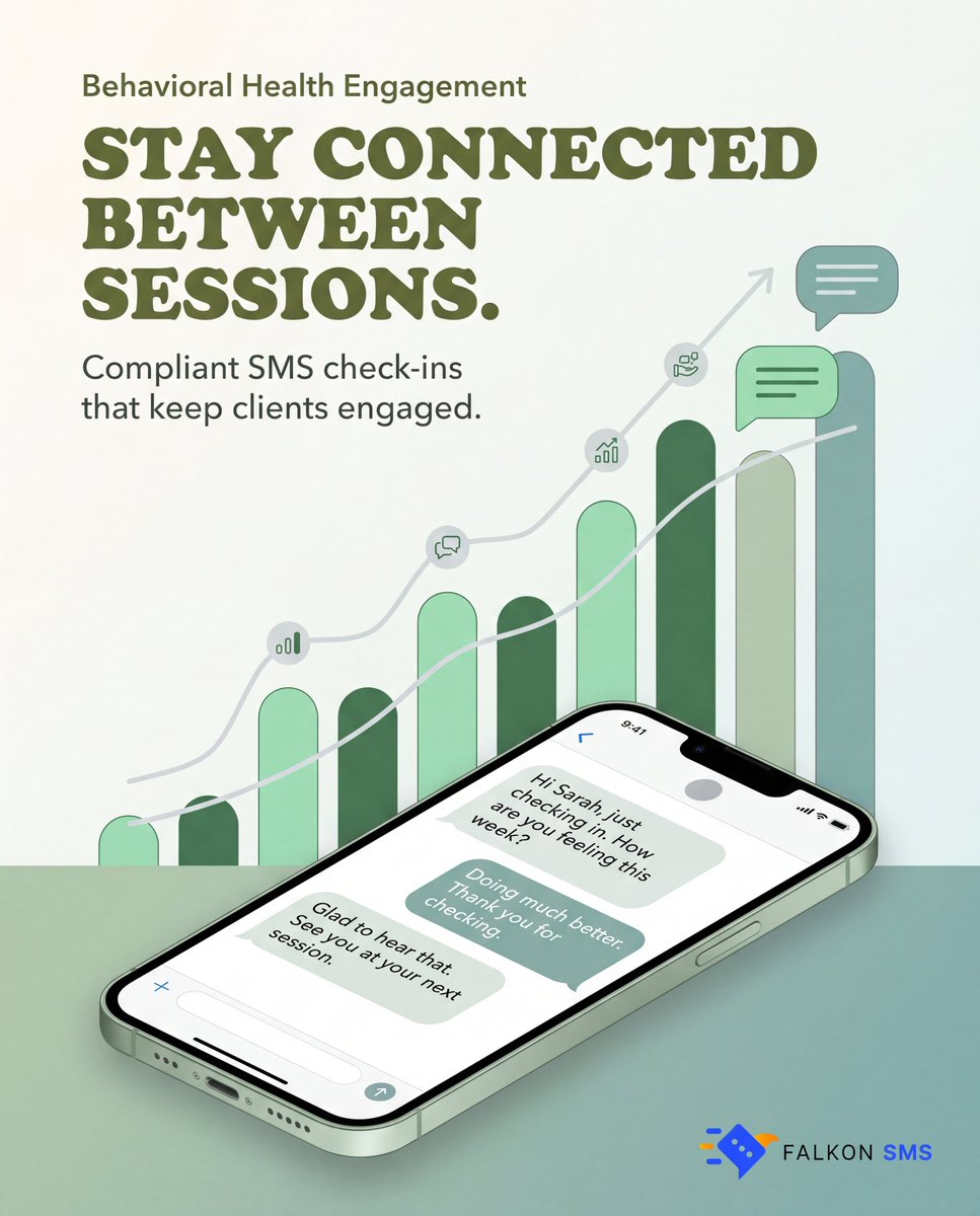 FalkonSystems's tweet photo. Behavioral health outcomes improve dramatically when clients feel supported between sessions. Falkon SMS enables clinics to send compliant check-ins, homework prompts, and appointment reminders that drive consistent engagement.

https://t.co/t79OGJocus

#FalkonSMS #MentalHealth https://t.co/EVrsvll57r