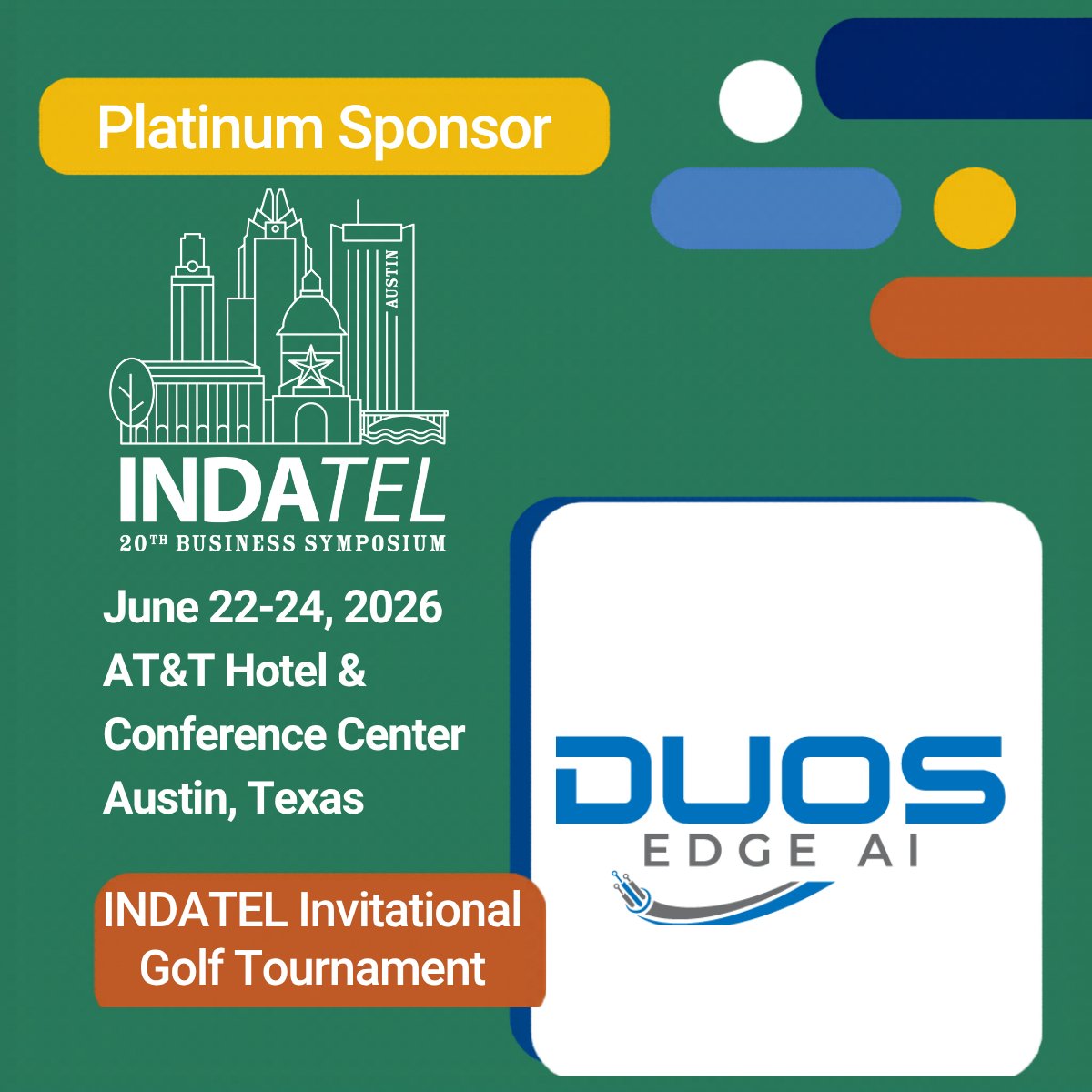 INDATELServices's tweet photo. Duos Edge AI is helping us drive connections on and off the course. A big thank you to our INDATEL Invitational Golf Tournament sponsor for supporting and helping make this fan-favorite event a hole-in-one!
#Golf #BusinessSymposium #Telecom #Networking #ConnectingAmerica #INDATEL https://t.co/ovME5y7QME