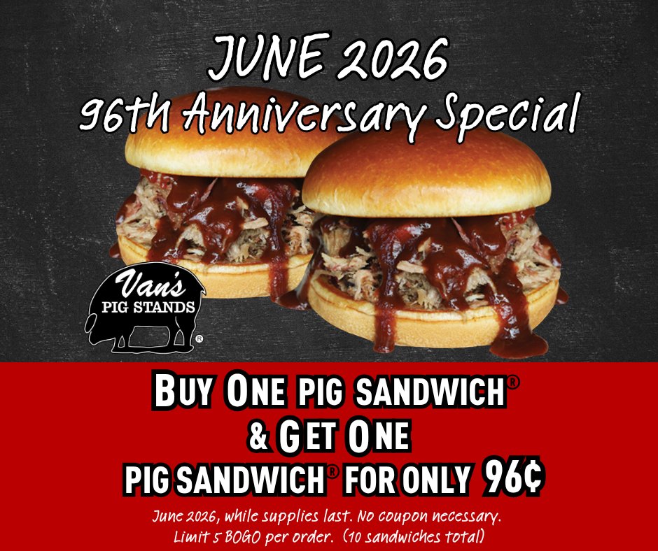 VansPigStands's tweet photo. Halfway through June! Don't miss out on our June special -- Buy One Pig Sandwich and Get the Second One for just 96 cents! 😎 This is in celebration of our 96th anniversary. We're old. 😆

📍 5 locations in Oklahoma
🐖 Order takeout or delivery: https://t.co/mqCmbJB8cN https://t.co/jKTfsmysmT