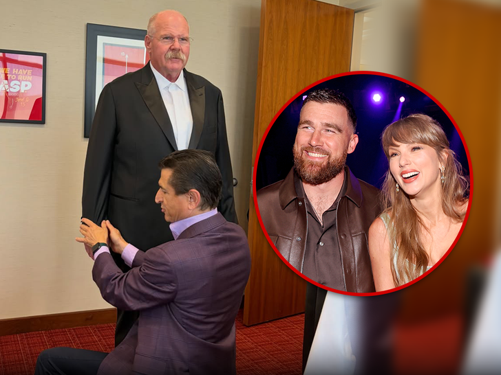 TMZ's tweet photo. 🤵 Andy Reid prepares for Taylor Swift and Travis Kelce's wedding with a tuxedo fitting! https://t.co/0exJTaQGWB