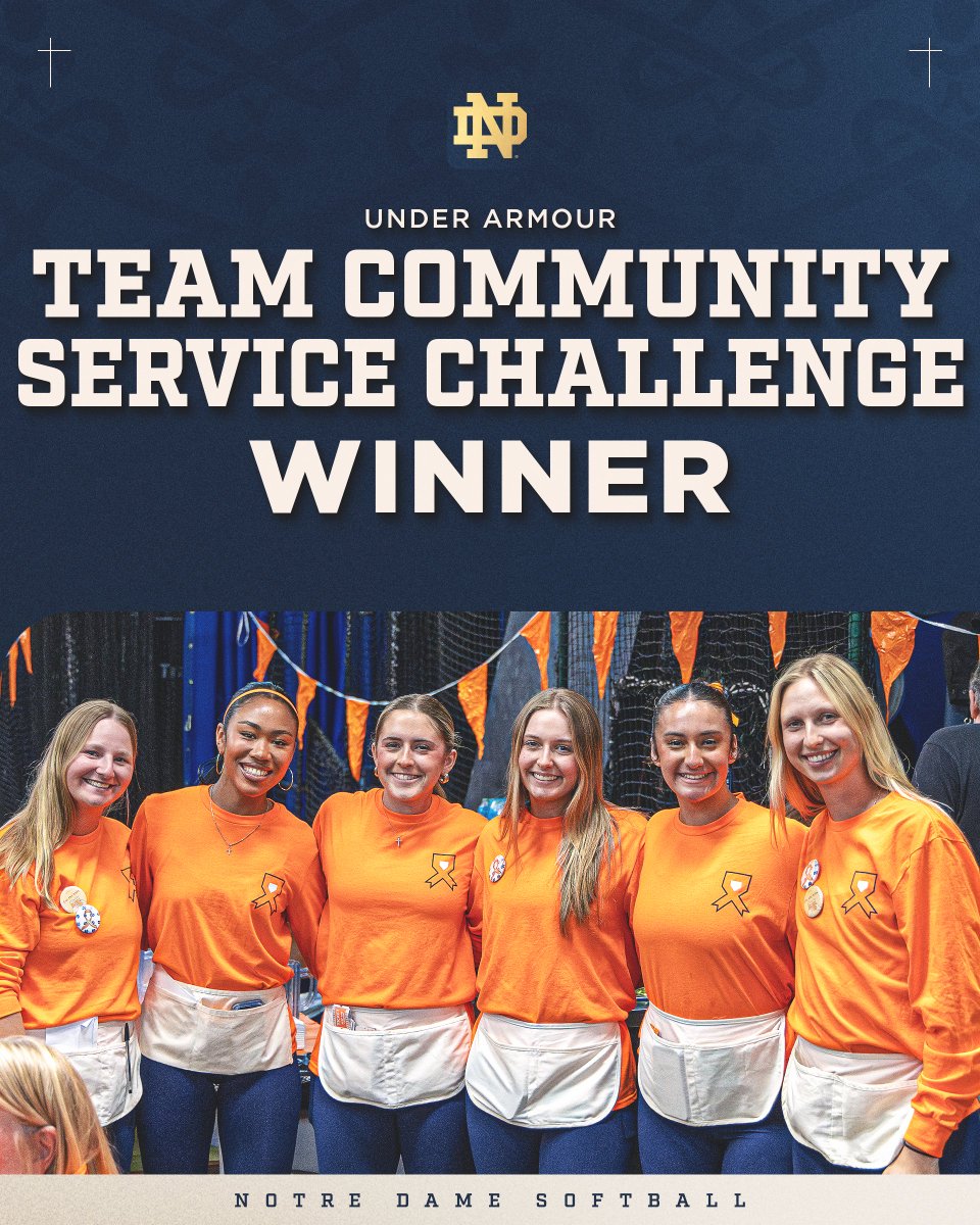 NDsoftball's tweet photo. A team committed to giving back ☘️

Honored to win this year's Under Armour TEAM Community Service Challenge, averaging 21 community service hours per student-athlete.

#GoIrish | #ndsbSWAG https://t.co/dxyN3867Nz