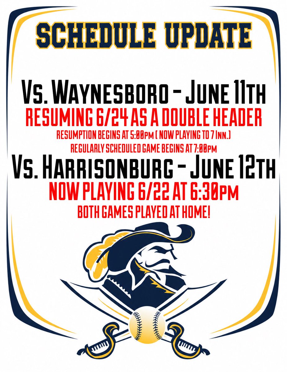CulpCavaliers's tweet photo. Here are schedule updates following suspended/postponed games. Make sure your plans are to come out to the ballpark soon! 🔵🟡⚔️

#RideWithTheCavalry #GoCavsGo https://t.co/xYyfHT06Se