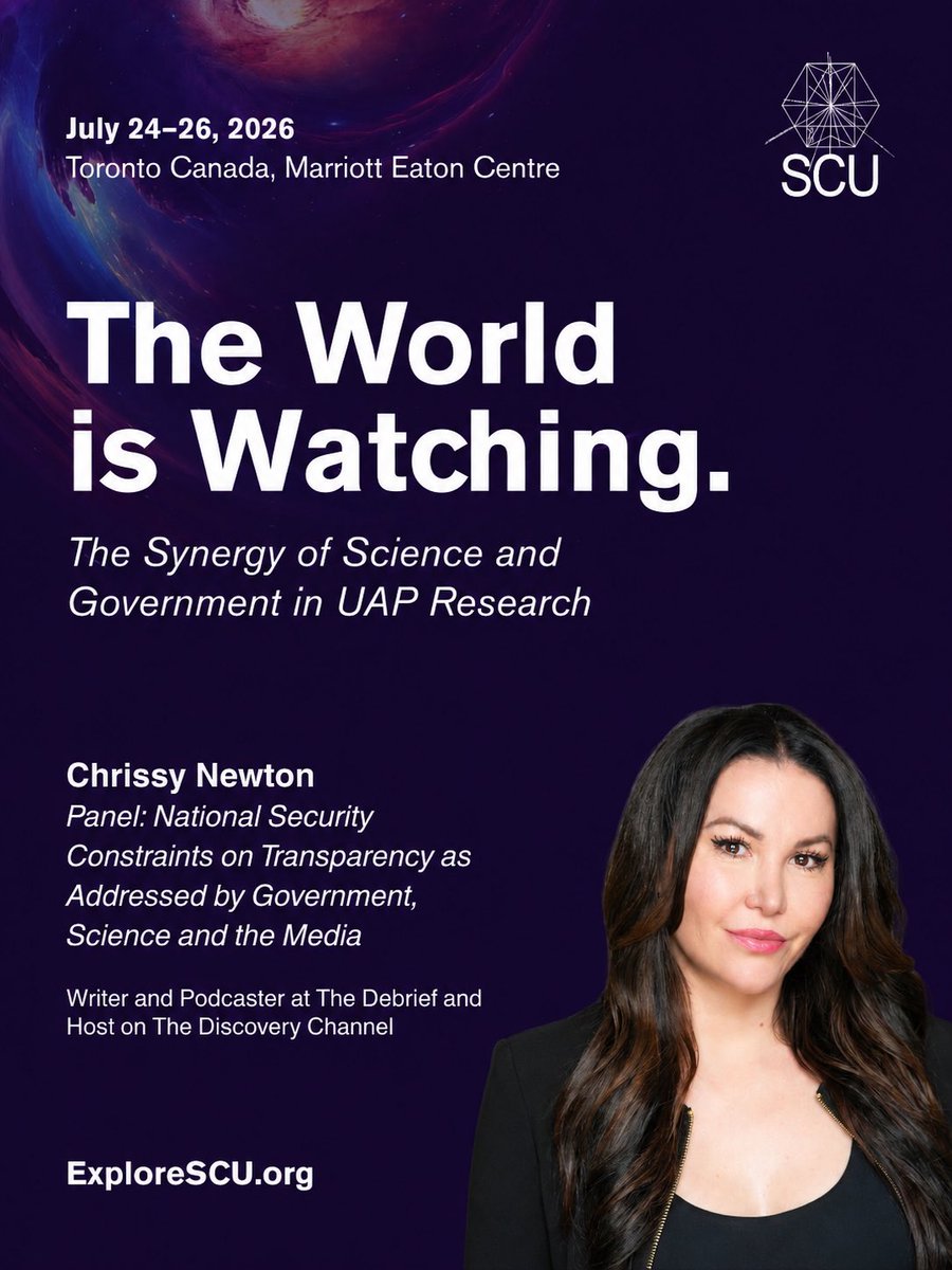 chrissynewton's tweet photo. Looking forward to joining the media panel at the @ExploreSCU conference from July 24–26 in Toronto.

The conference will feature keynote speakers including Christopher Mellon, former Deputy Assistant Secretary of Defense for Intelligence, alongside leading UAP scientists. https://t.co/rhbbvA5eJQ