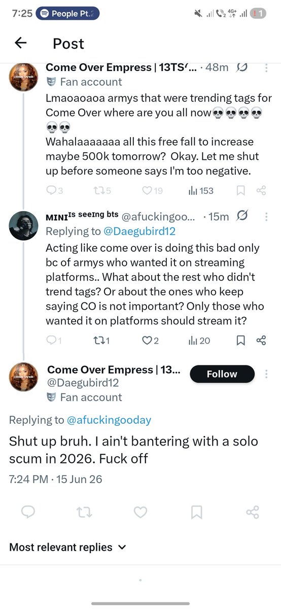 afuckingooday's tweet photo. Lmao the truth hurts. Blaming a few armys who wanted CO on platforms. The biggest fandom can't even do 3M streams on the 3rd day for a a special song gifted to them, and the blame is on about 100 armys who trended tags? What about the rest of the fandom? https://t.co/Uk5jM1U6ic