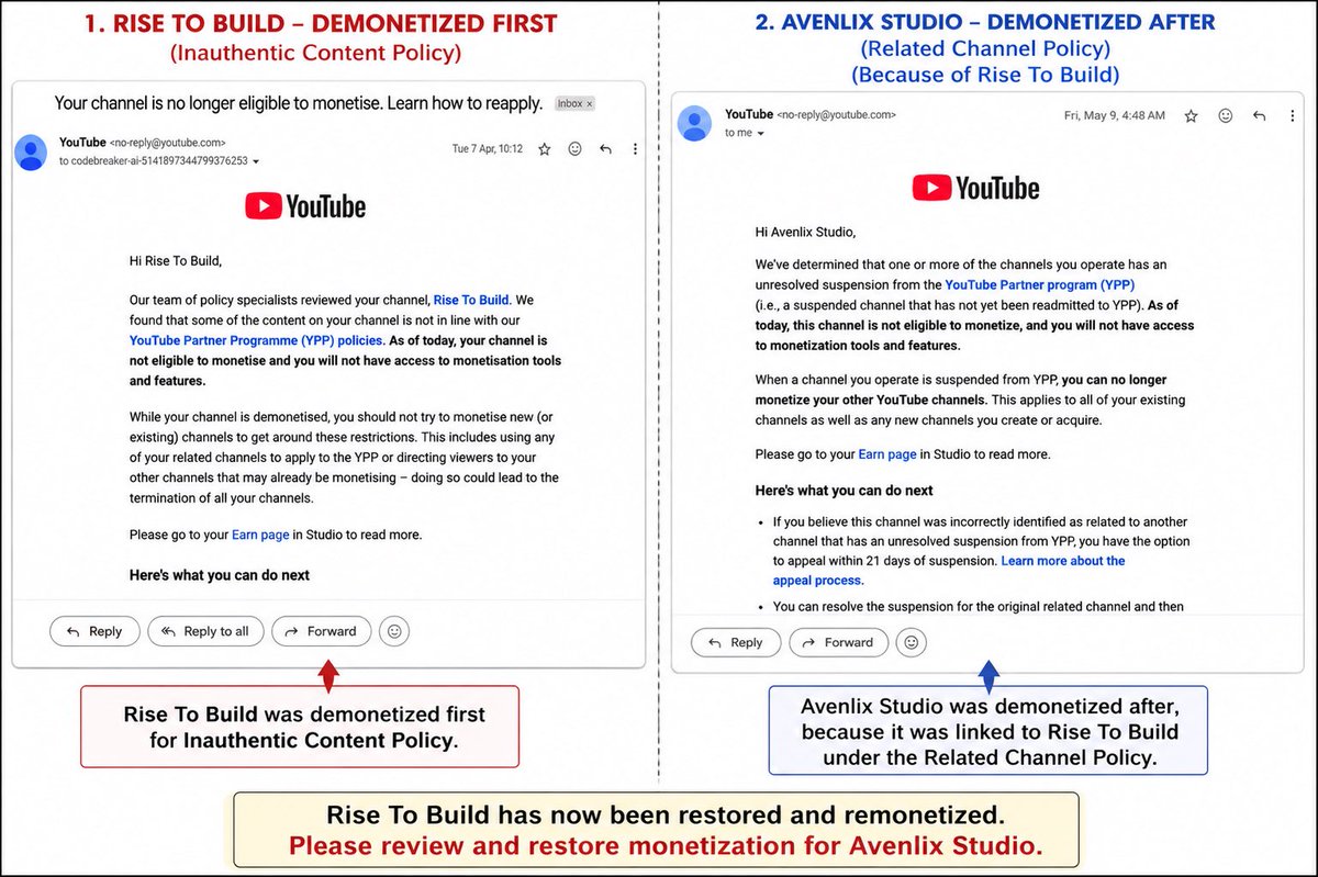 avenlixstudio's tweet photo. Hi @TeamYouTube

You keep ignoring both me and the evidence I’ve provided. 

According to YouTube’s policy, when the primary channel is reinstated and returns to monetization, any related channel that was demonetized solely because of that suspension should also be reviewed and have its monetization restored. 

My second channel has no violations of its own and was only affected due to the first channel’s suspension. Therefore, I request a proper review and restoration of its monetization as well.

Stop giving ma template base replies yet all I receive are template responses.

Please stop ignoring the evidence and review my case properly!
@YouTubeCreators @YouTube 

#youtube #injustic #demonetized