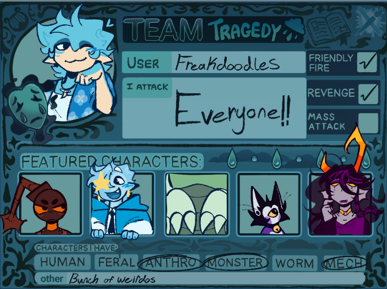 Freakdoodlings's tweet photo. It's that time of year again
are all my characters updated and added? no
do I care? also no but I will try 
#artfight #artfight2026 https://t.co/18ts7KqobZ