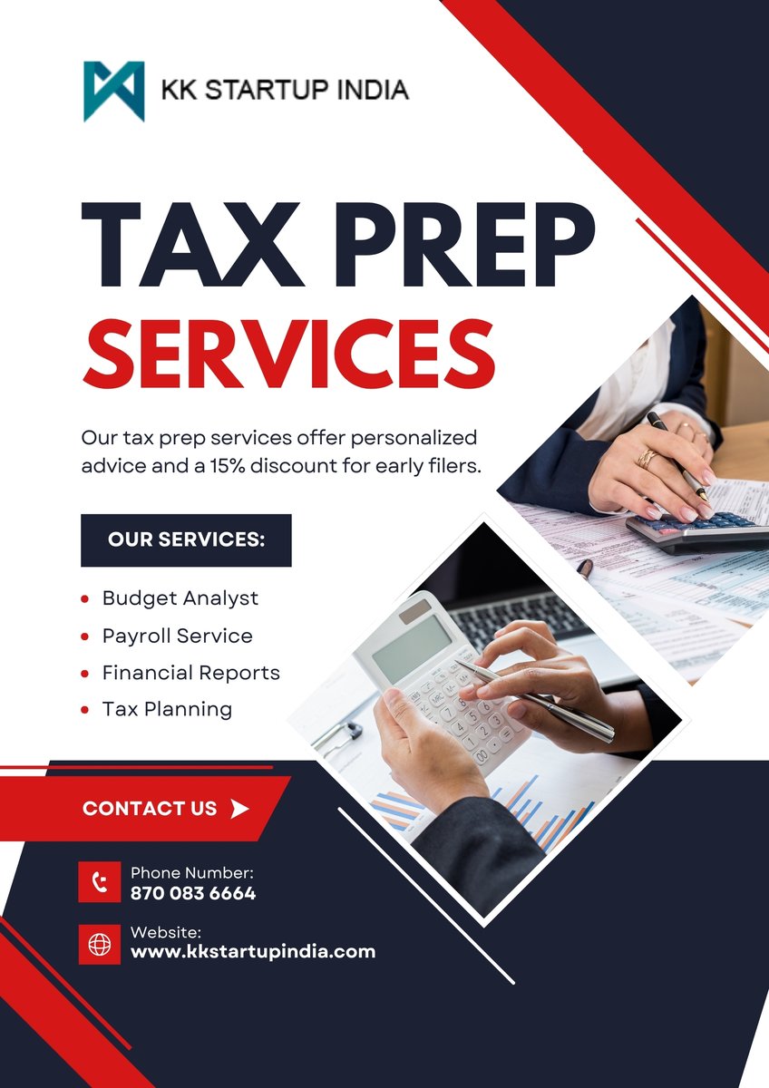kkstartupindia's tweet photo. π Tax season made simple with KK Startup India!
From Tax Planning and Payroll Services to Financial Reports and Budget Analysis, our experts help you stay financially organized and compliant.
π 870 083 6664
π https://t.co/OqolkNXMGe
#TaxPrep #TaxPlanning #StartupIndia https://t.co/0FQXnkg9Pd