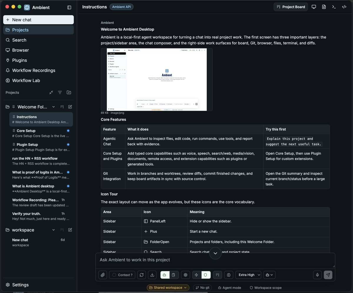 ambient_xyz's tweet photo. 5/9:
Today we launch our own agentic harness: Ambient Desktop.

A pleasant, local-friendly workstation for Mac, Windows & Linux. Model orchestration engine and miner in one. Curated, vetted high-utility plugins, and a security model that lets you safely run the agent on your real machine instead of a quarantined Mac mini.