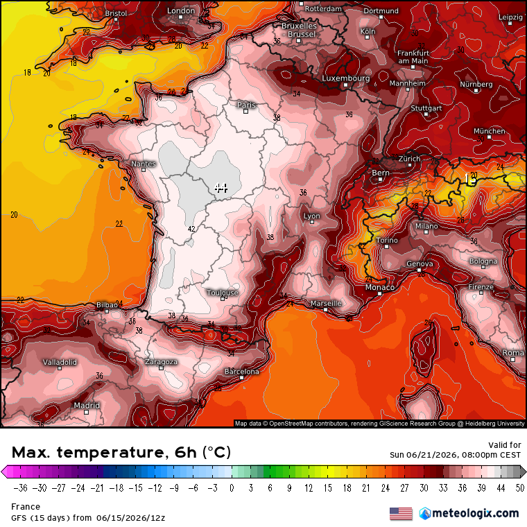 SergeZaka's tweet photo. Bon, là, la situation est critique : les 40°C ne semblent plus être une barrière dès jeudi. On voit beaucoup plus large, beaucoup plus haut. Le potentiel d'une vague de chaleur historique (encore !) en juin dépassant les records tout mois confondus n'est plus une fiction.

Chaque canicule ne fait désormais que détrôner la précédente dans la course aux températures les plus élevées. J’espère sincèrement que les modèles de prévision vont rapidement revoir leur copie et se limiter à du 38-40°C sur une durée plus courte, car sinon les conséquences pourraient être considérables.

Les valeurs envisagées me paraissent tellement irréelles que je préfère attendre jeudi avant d’en détailler les impacts agricoles et les adaptations qui pourraient devenir nécessaires. Pour l’instant, je préfère rester prudent.

Carte : meteologix.